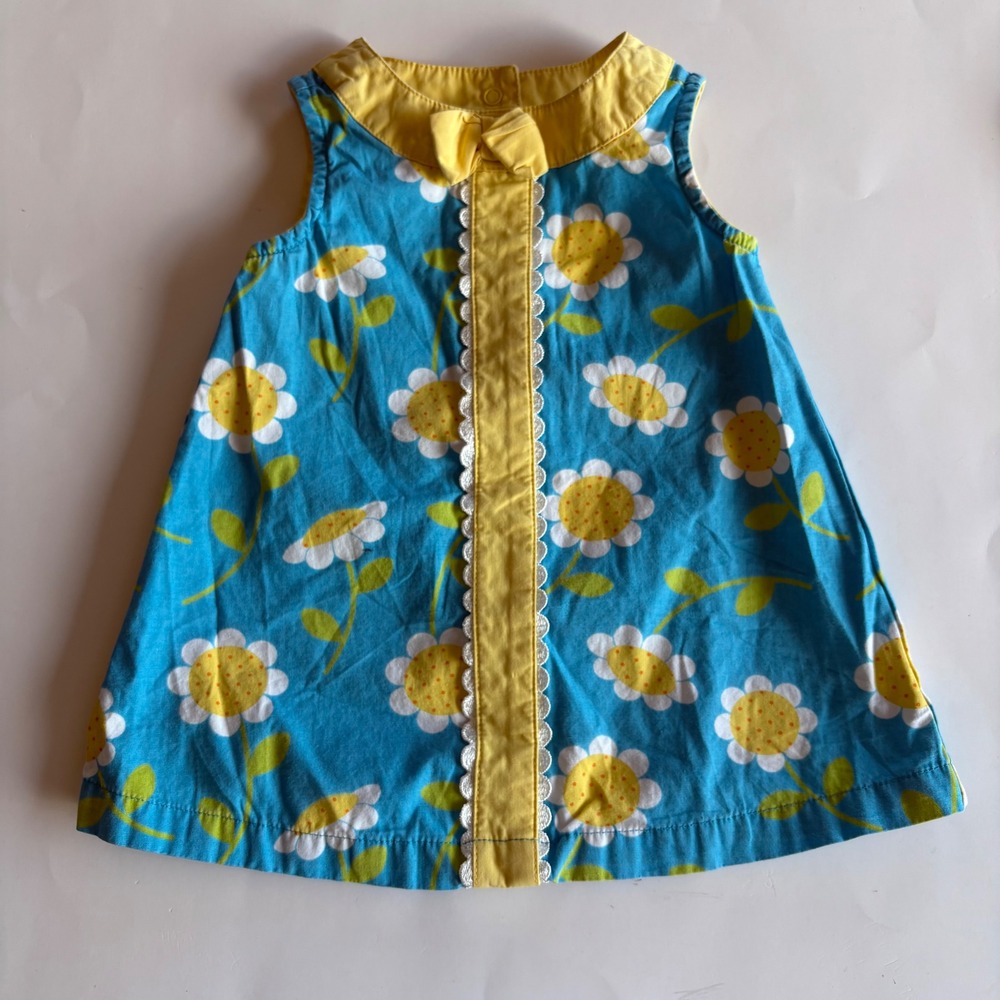 Gymboree Baby Girls Blue Daisy Floral Dress Yellow‎ Lace Trim 3-6 Months Y2K
